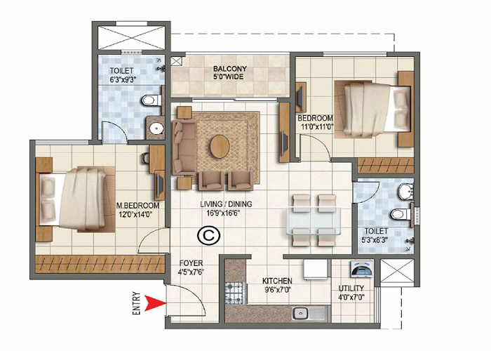 Purva Aerocity 1 BHK Floor Plan